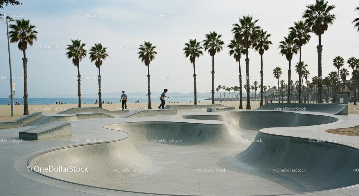 Skateboarder Enjoying Sunny Skatepark by the Beach