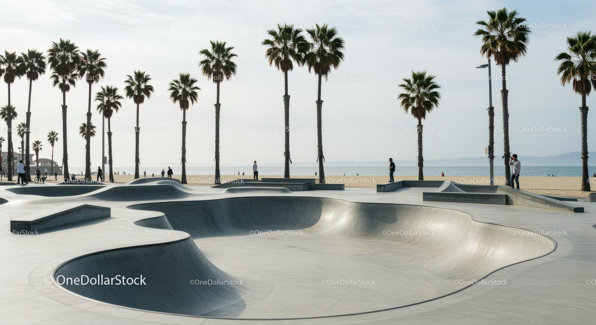 Coastal Skatepark with Tall Palm Trees and Beach View