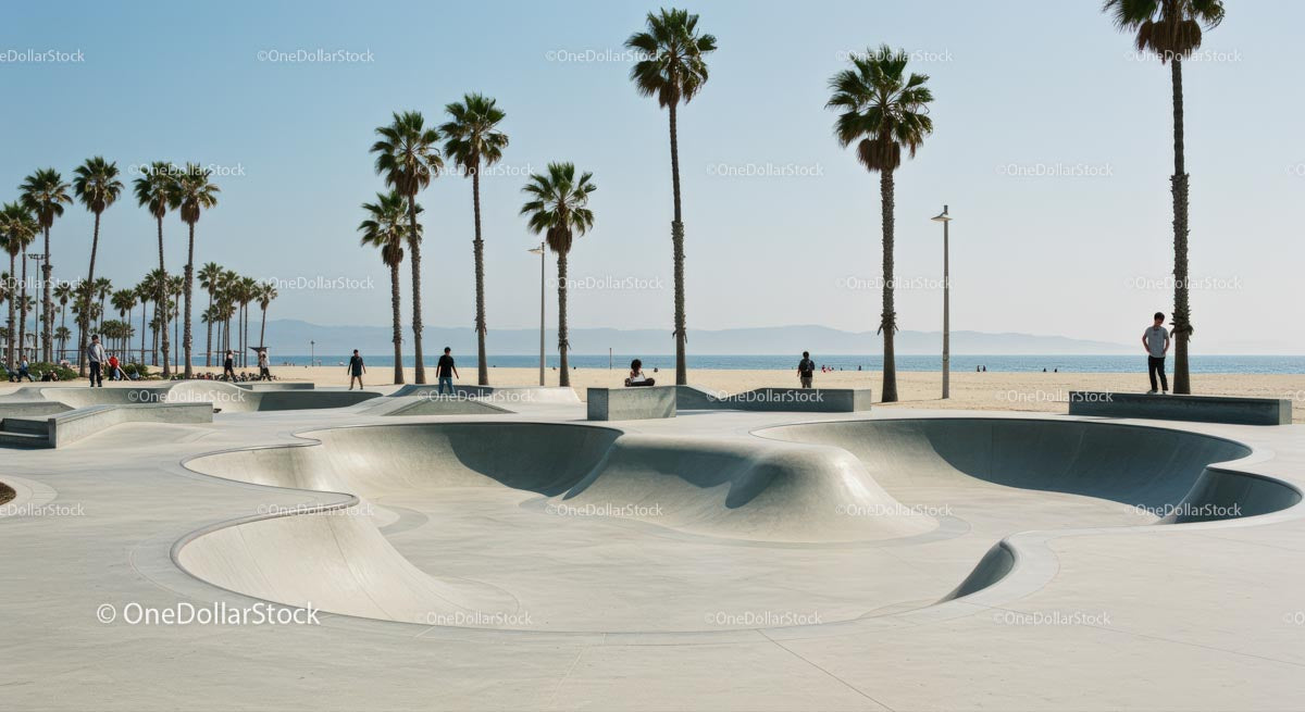 Skatepark by the Beach with Palm Trees and Ocean View