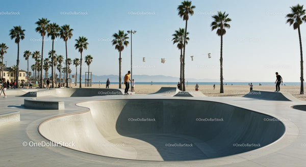 Sunny Skatepark by the Beach with Palm Trees