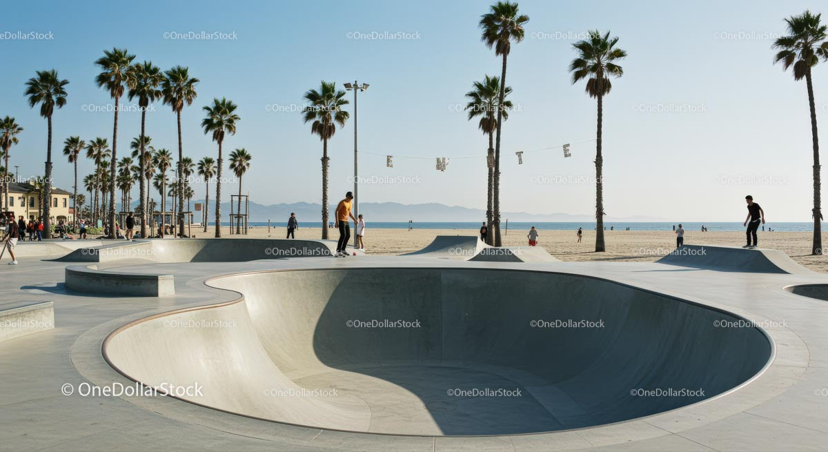 Skateboarder Enjoying Sunny Skatepark by the Beach