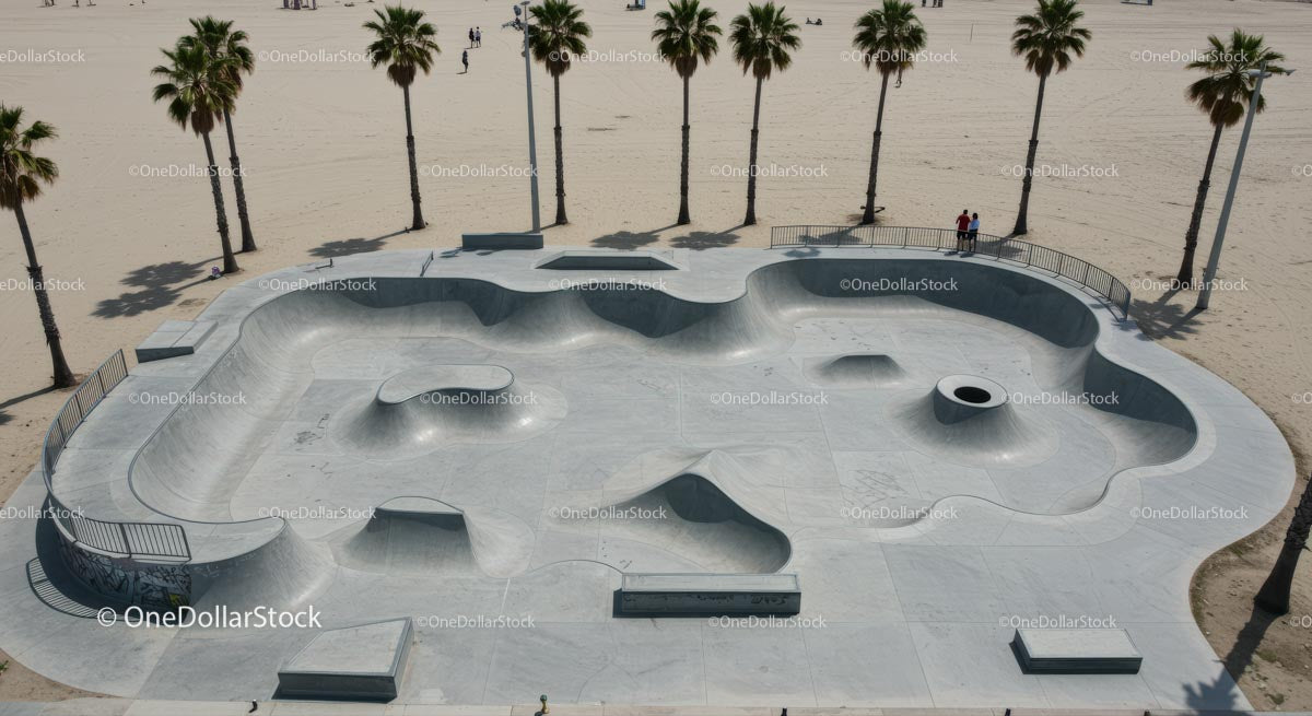 Skateboarder Enjoying Sunny Skatepark by the Beach