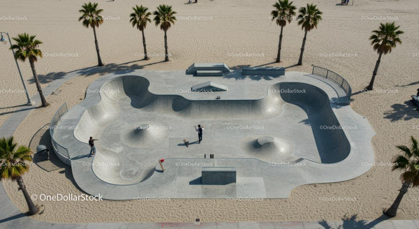 Sunny Skatepark with Palm Trees and Concrete Bowls