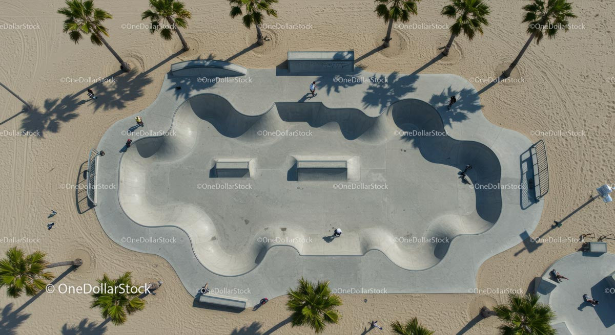 Aerial View of a Skatepark with Palm Trees and Sand