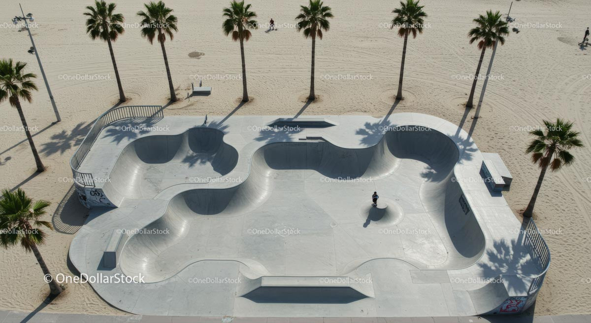 Concrete Skatepark Surrounded by Palm Trees on Sandy Beach