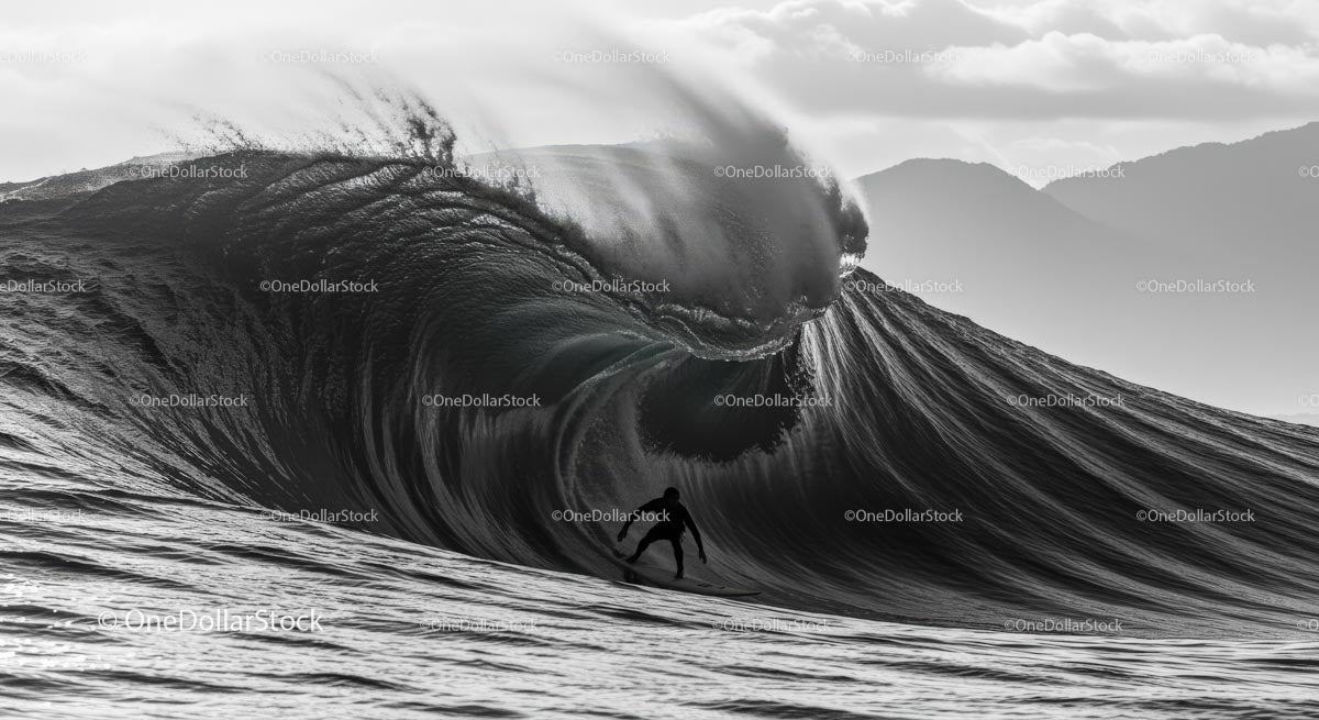 Surfer Riding Massive Ocean Wave in Scenic View