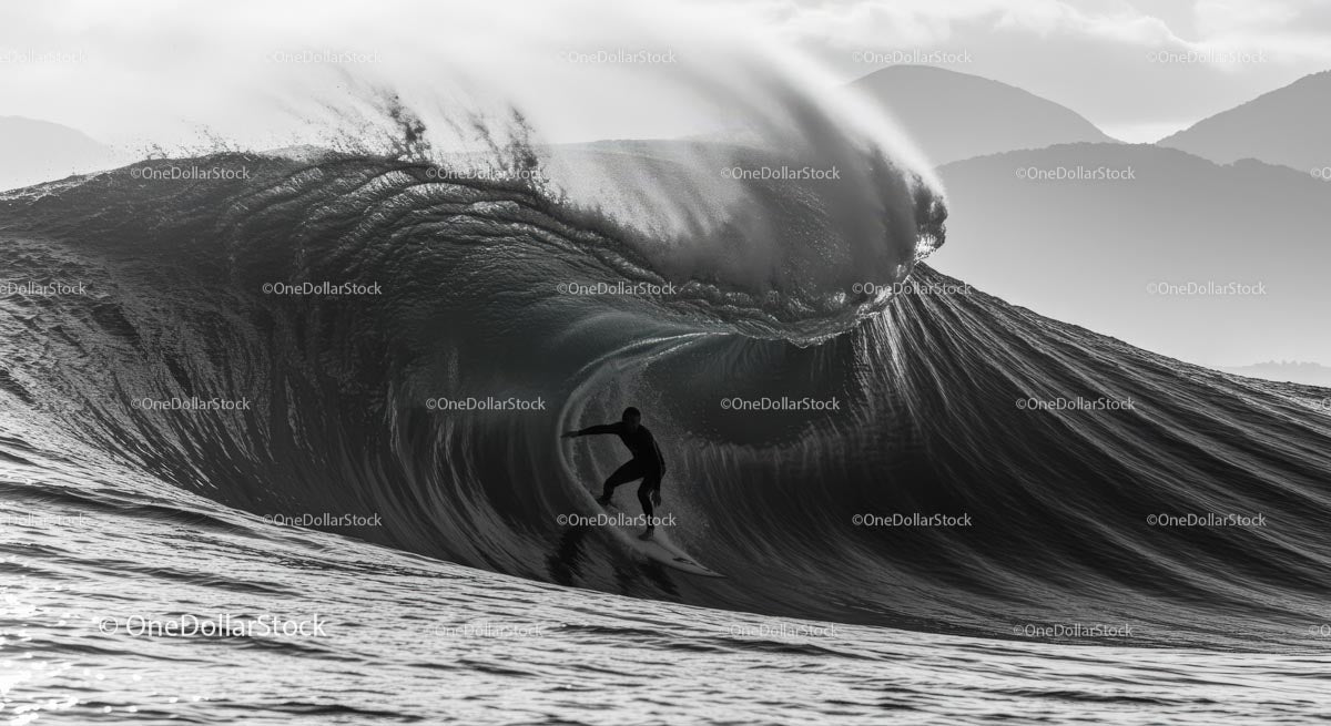 Surfer Tackling a Massive Ocean Wave with Skill