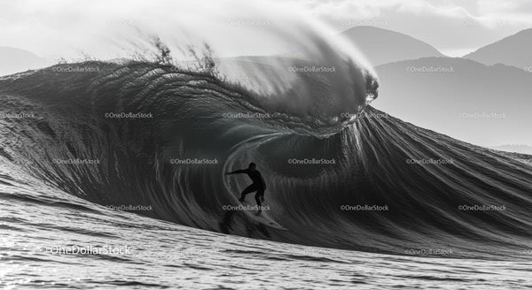 Surfer Tackling a Massive Ocean Wave with Skill