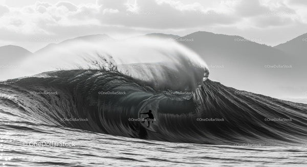 Silhouette of a Surfer Riding a Massive Ocean Wave