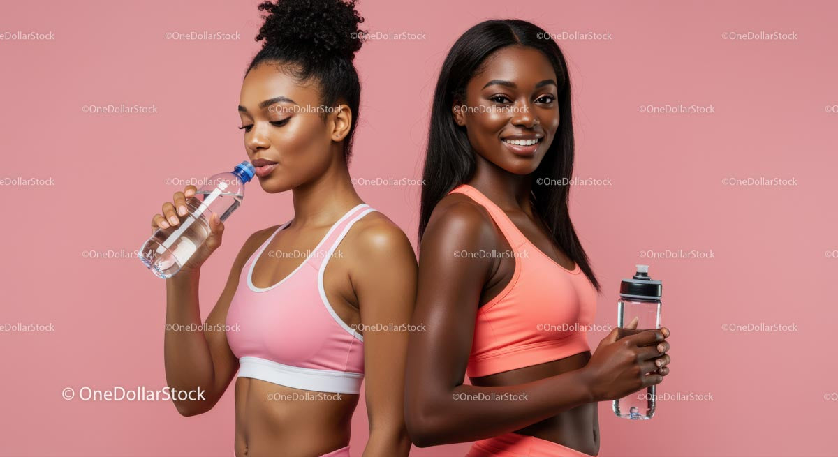 Active Women in Pink Sportswear Hydrating After Workout