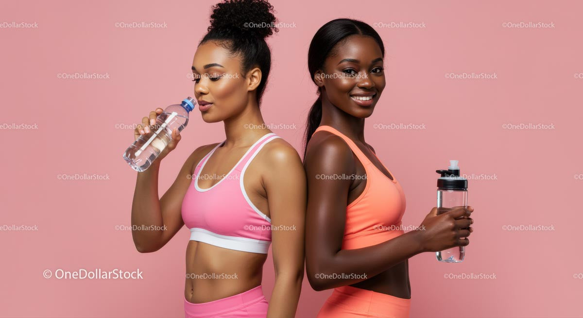 Active Women in Pink Sportswear Hydrating After Workout