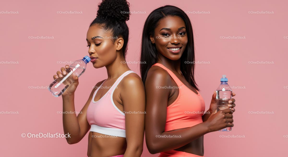 Active Women in Pink Sportswear Hydrating After Workout