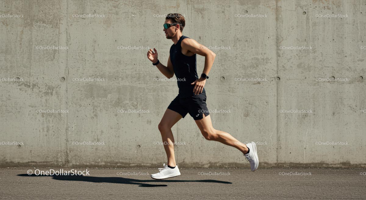 Male Athlete Running Against Concrete Wall on Sunny Day