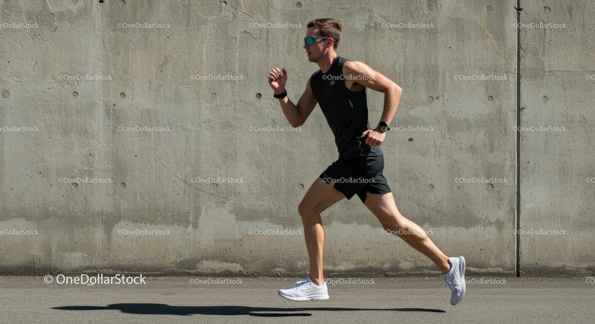 Male Athlete Running Against Concrete Wall on Sunny Day