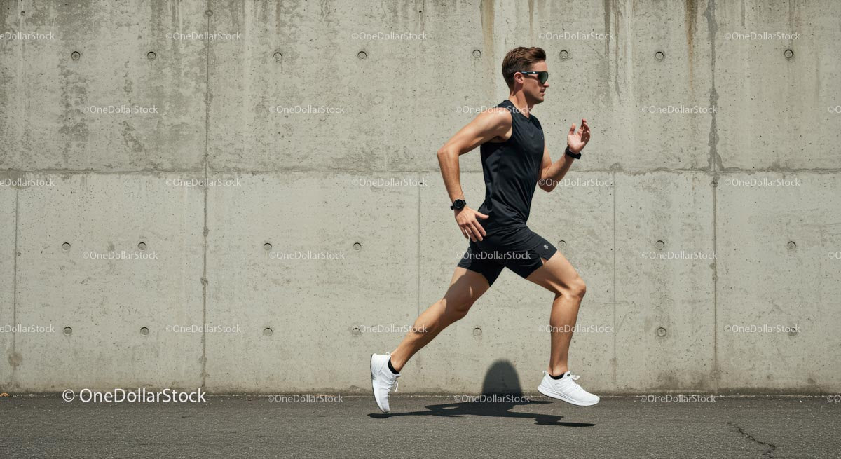 Male Athlete Running Against Concrete Wall on Sunny Day