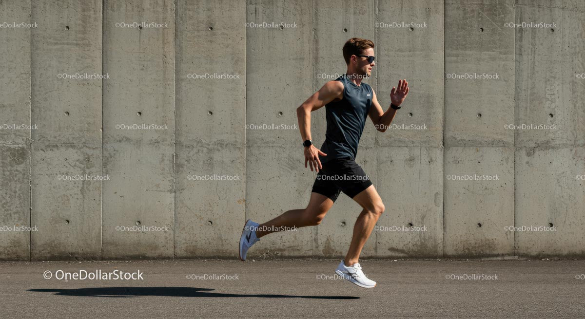 Male Athlete Running Against Concrete Wall on Sunny Day