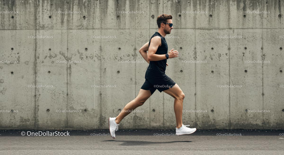 Male Athlete Running Against Concrete Wall on Sunny Day