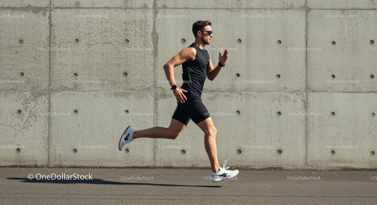 Young Man Jogging Along Concrete Wall in Athletic Wear