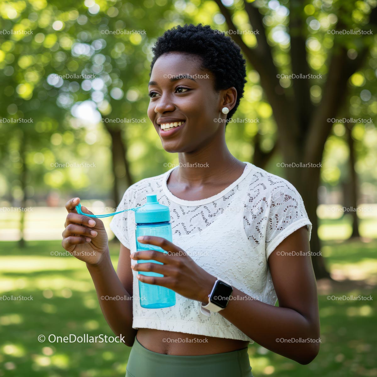 Woman Enjoying a Sunny Day with Hydration in Park