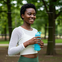 Smiling Woman with Water Bottle in Lush Green Park