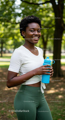 Smiling Woman Enjoying a Refreshing Break in the Park