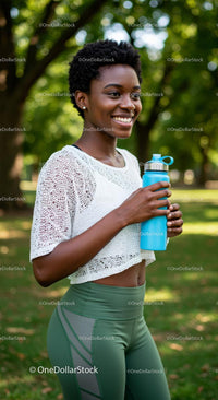 Smiling Woman Holding Water Bottle in Green Park