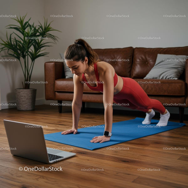 Woman in Red Outfit Performing Plank Exercise at Home