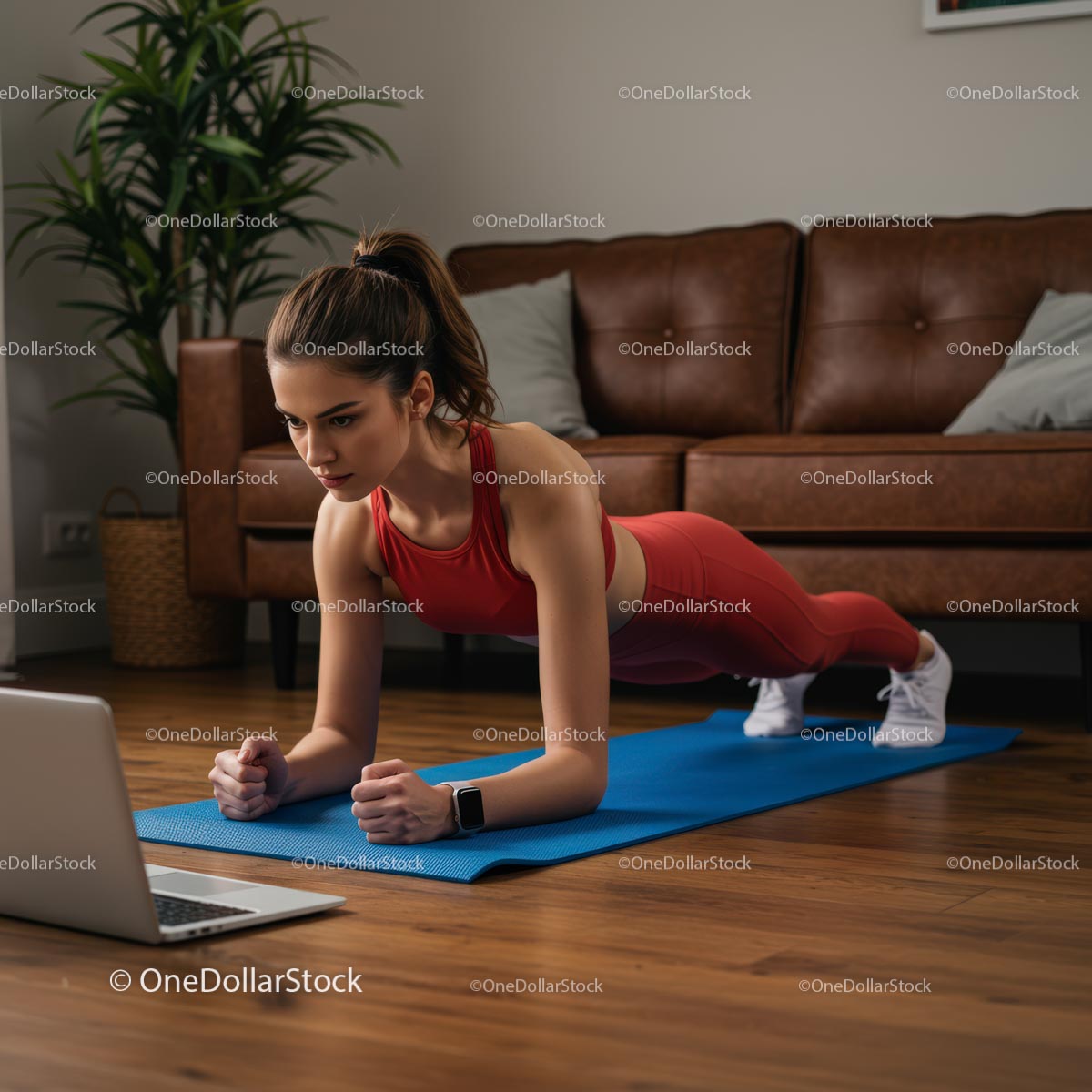 Woman Performing Plank Exercise at Home on Yoga Mat