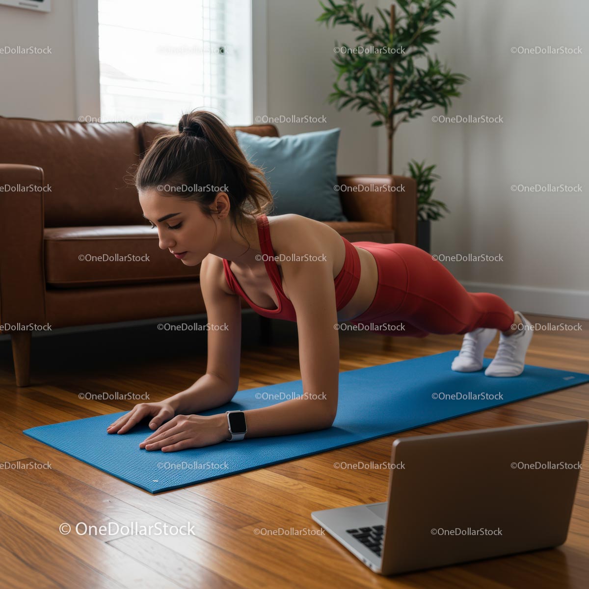 Woman Performing Plank Exercise on Blue Yoga Mat at Home