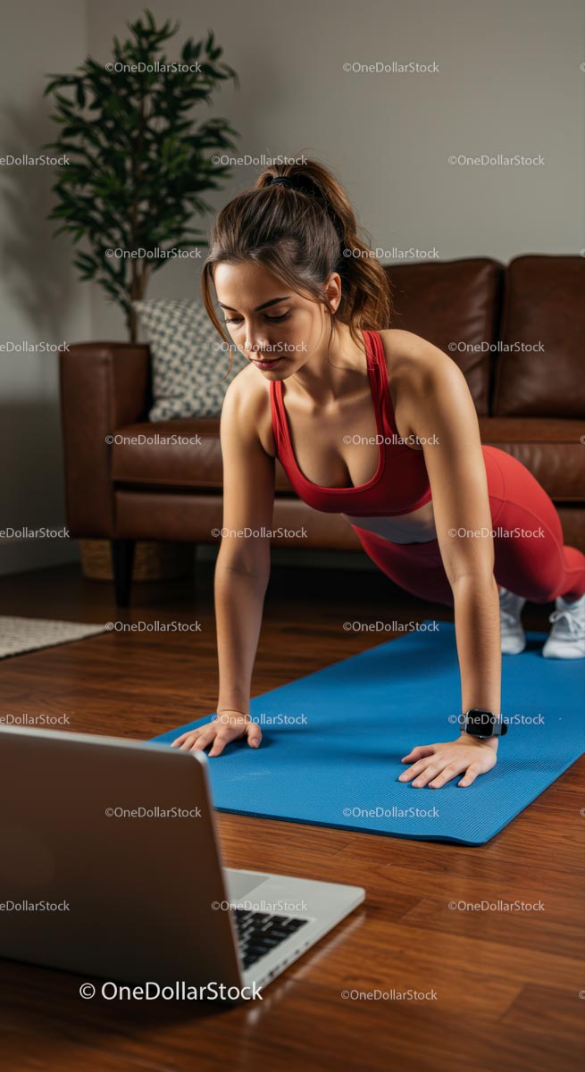Woman Exercising in Red Sportswear at Home with Laptop