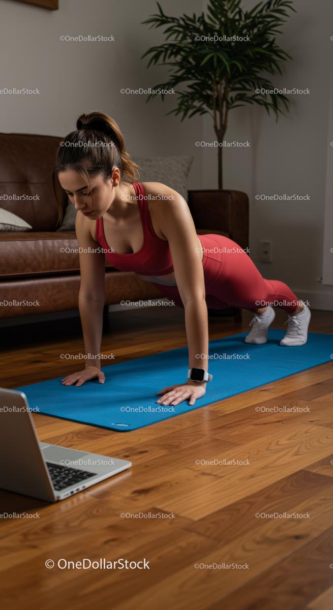 Young Woman Practicing Plank at Home on Blue Mat