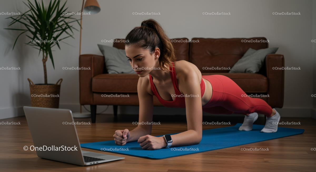 Woman Performing a Plank Exercise at Home on a Yoga Mat