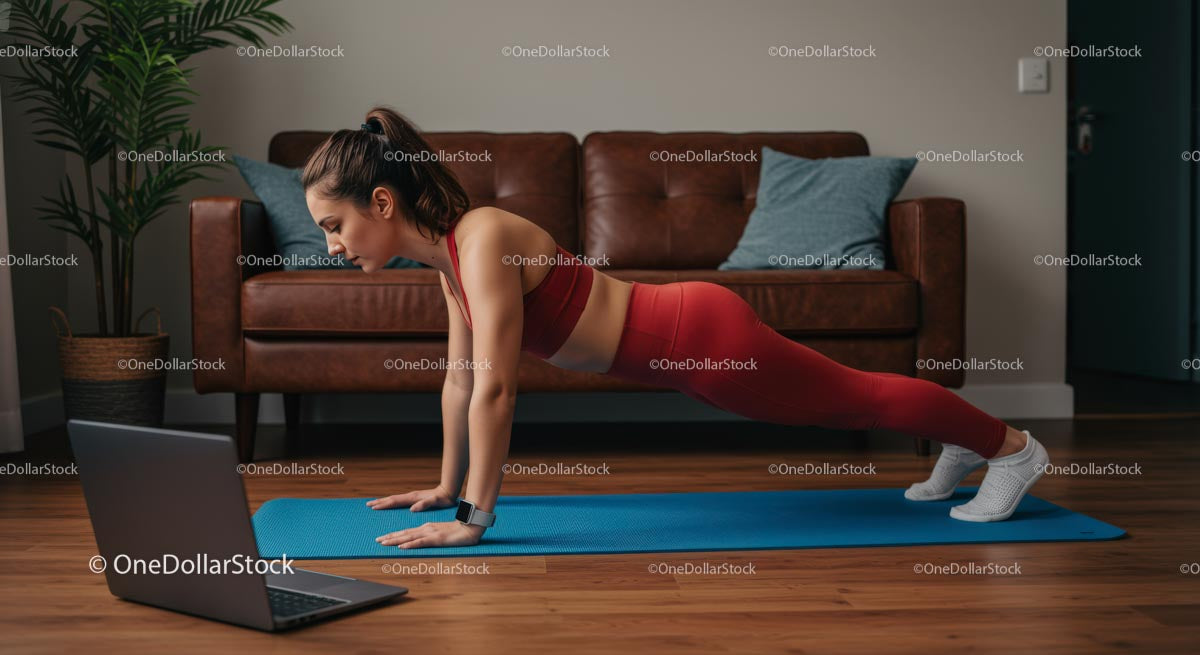 Woman Performing Push-ups on Yoga Mat in Cozy Living Room