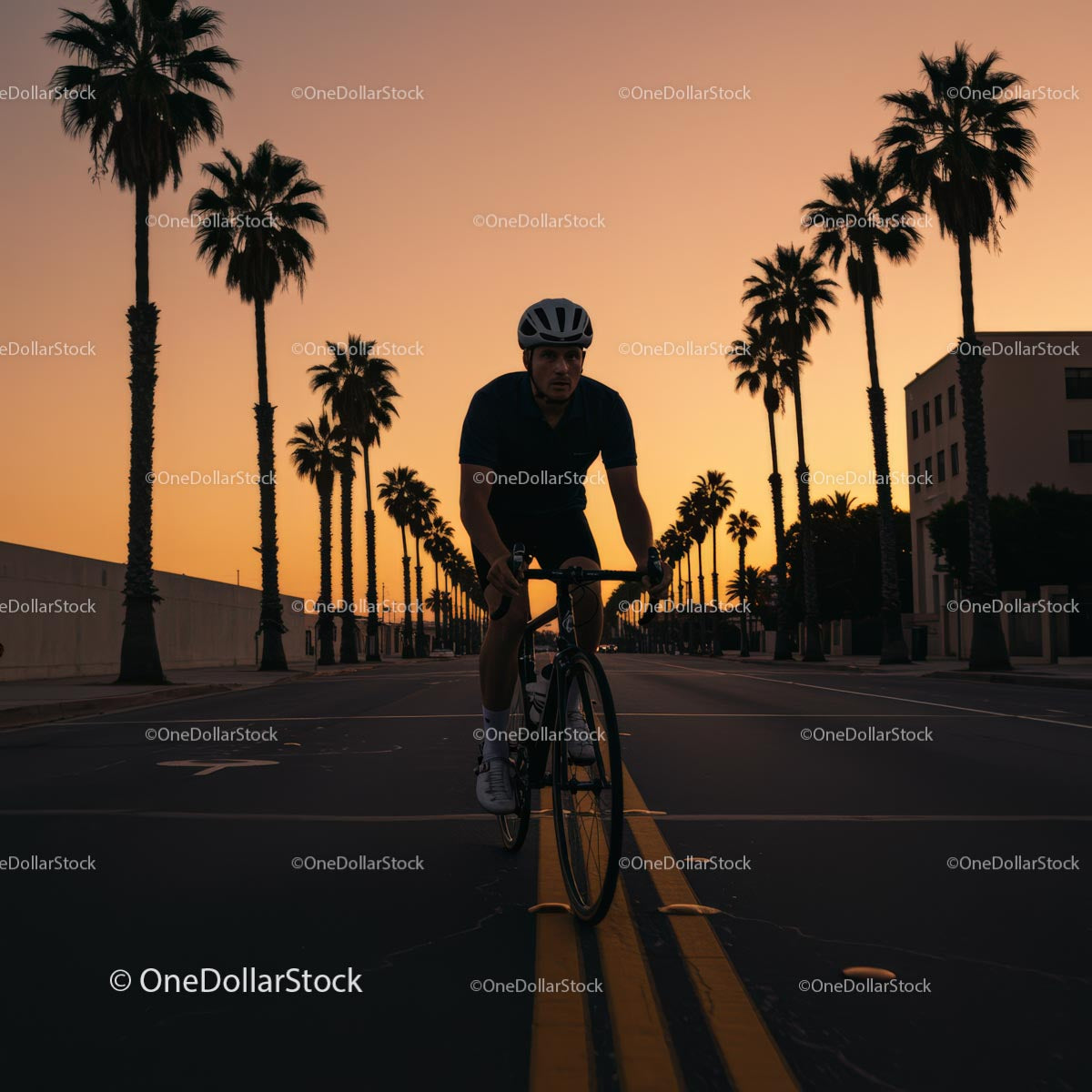 Cyclist Riding Through Palm-Lined Street at Sunset