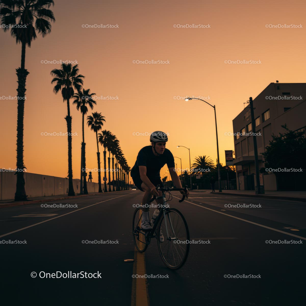 Cyclist Riding through Urban Palm Tree Sunset
