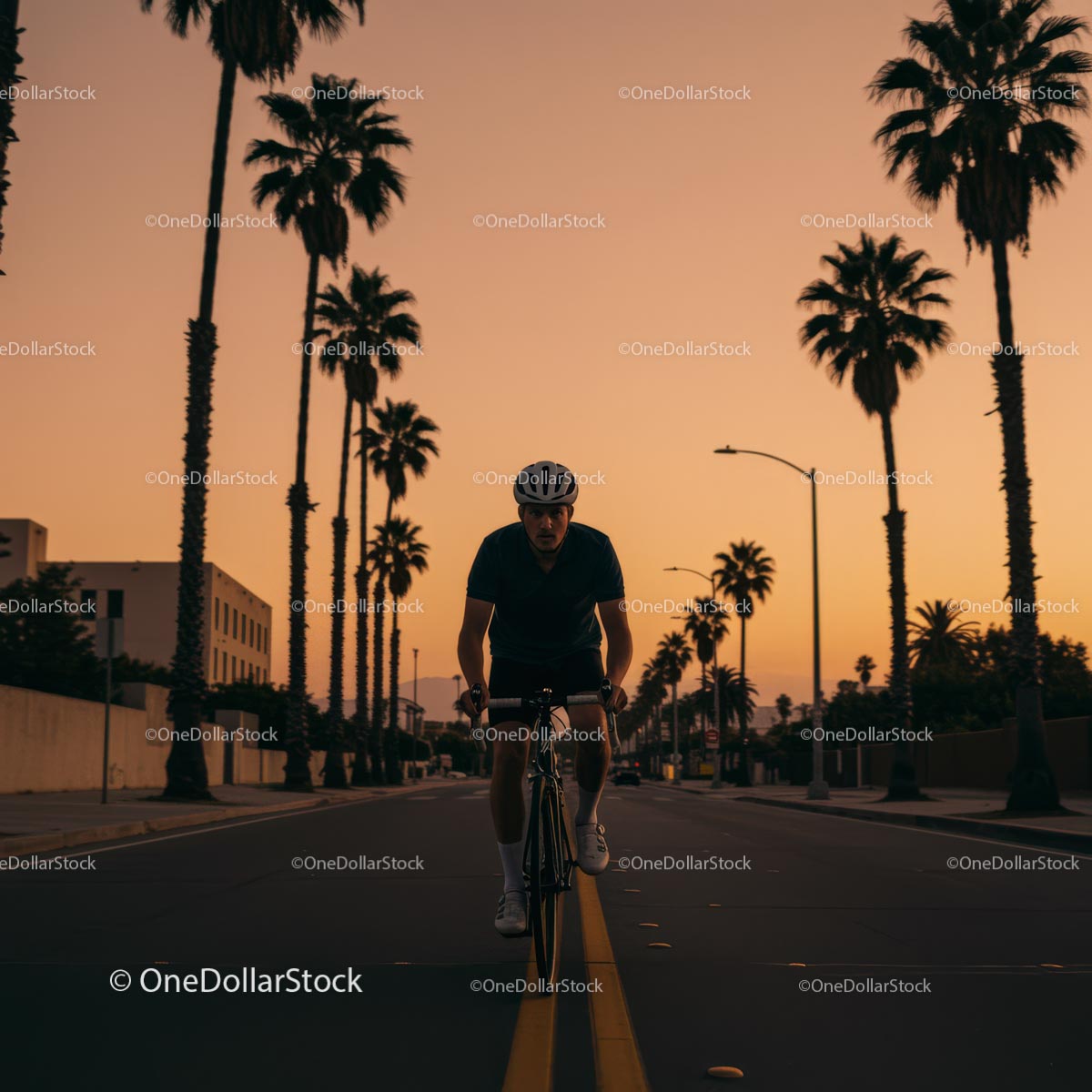 Cyclist Riding Down Palm-Lined Street at Sunset