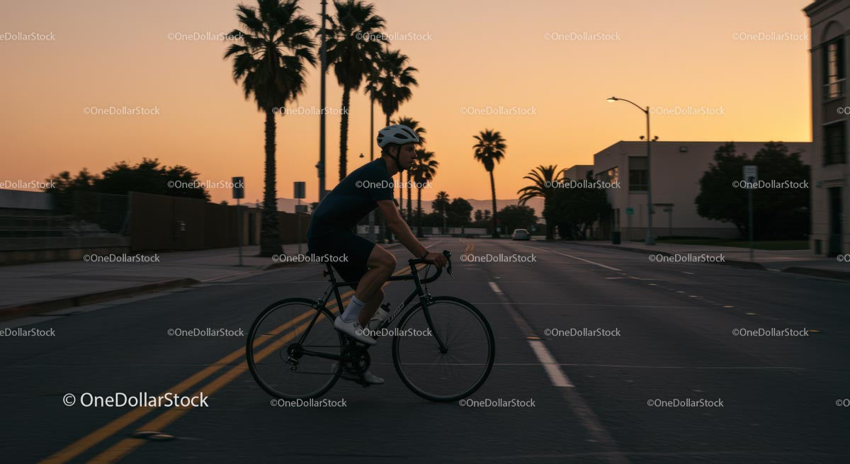 Cyclist Riding Down City Street at Sunset with Palm Trees