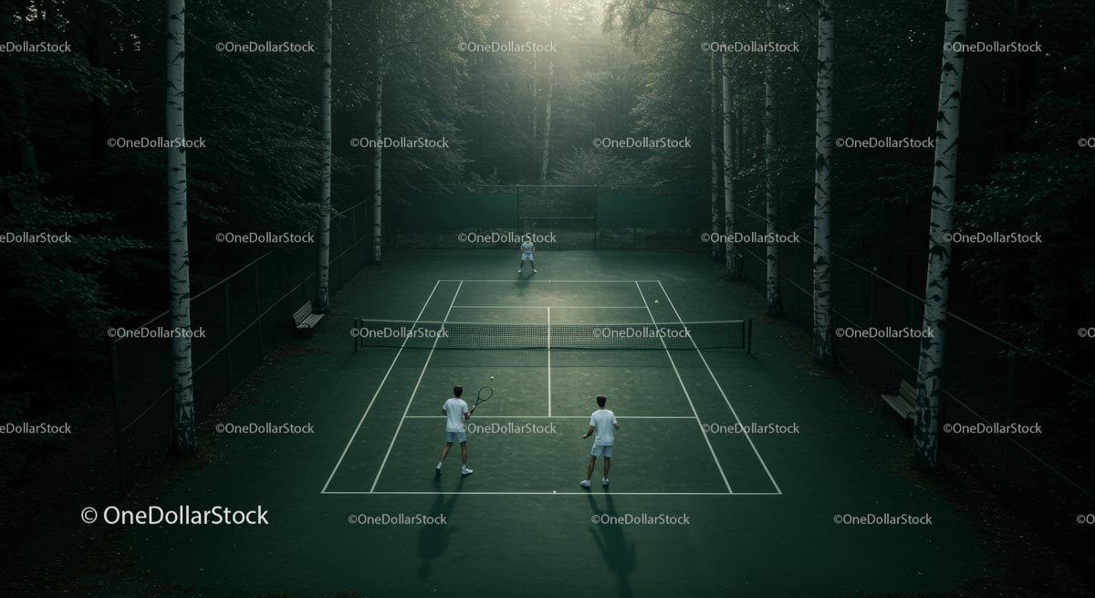 Tennis Match Amidst Serene Forest Setting
