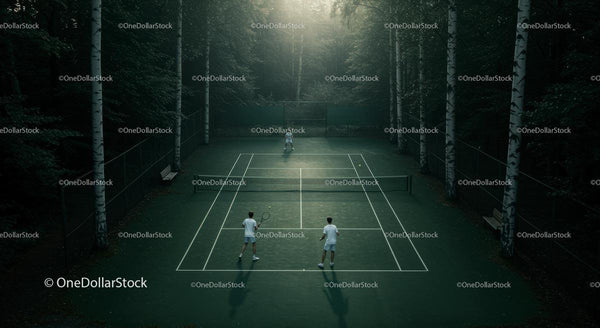 Tennis Match Amidst Serene Forest Setting