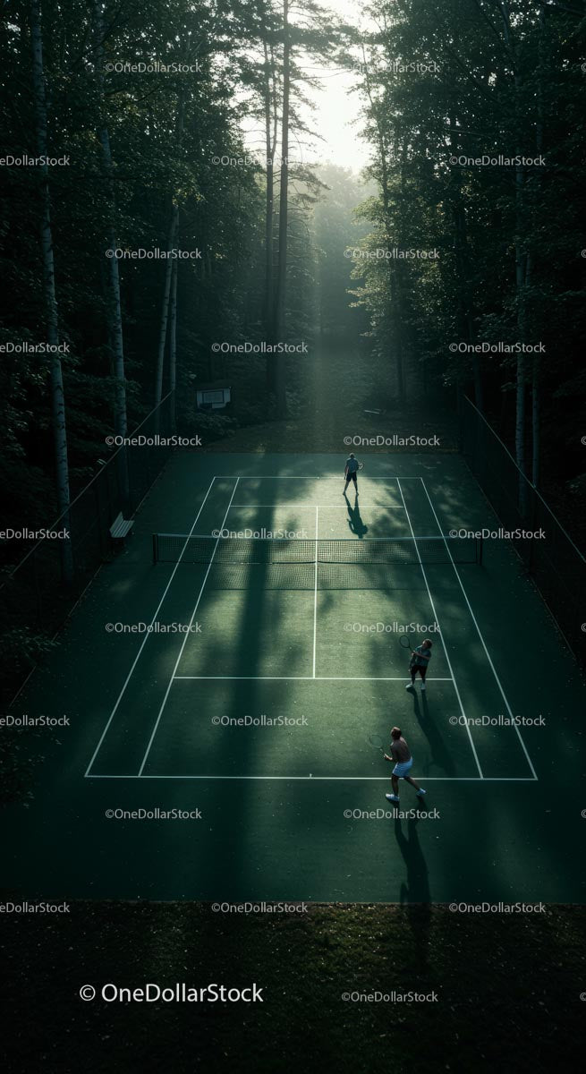 Tennis Match on Sunlit Court Surrounded by Lush Forest