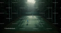 Tennis Match Amidst Serene Forest Backdrop