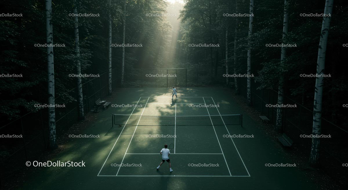 Tennis Match Amidst Birch Trees in Morning Sunlight