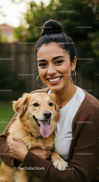 Smiling Woman with Her Adorable Golden Dog in the Garden
