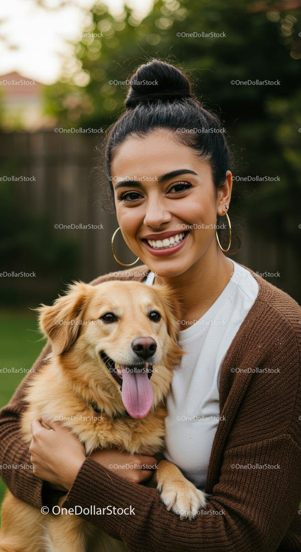Smiling Woman with Her Adorable Golden Dog in the Garden
