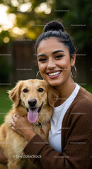 Smiling Woman Holding Her Happy Golden Retriever Mix