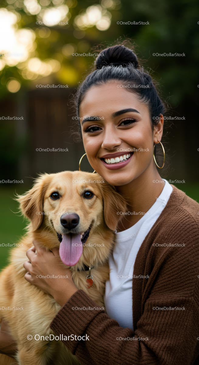 Uśmiechnięta kobieta trzymająca swojego szczęśliwego Golden Retrievera Mixa
