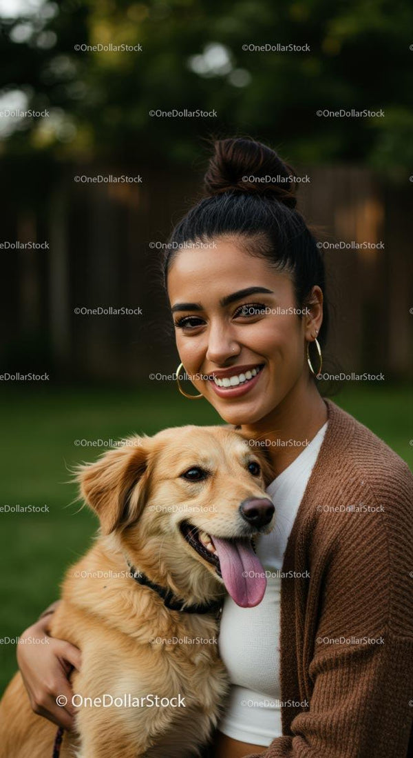 Uśmiechnięta kobieta z golden retrieverem w oświetlonym słońcem ogrodzie
