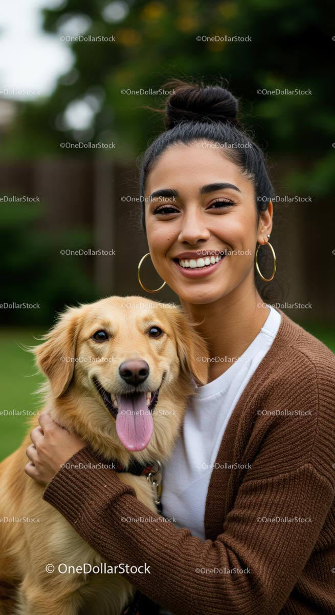 Smiling Woman Embracing Happy Golden Retriever in Garden
