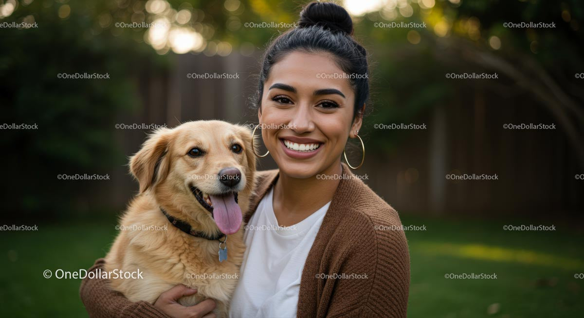 Happy Woman with Her Golden Retriever Mix in a Green Garden