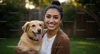 Happy Woman with Her Golden Retriever Mix in a Green Garden